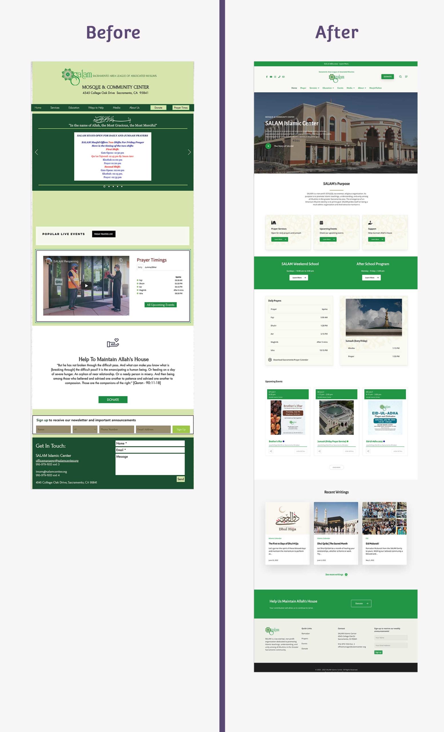 SALAM Islamic Center Website before and after