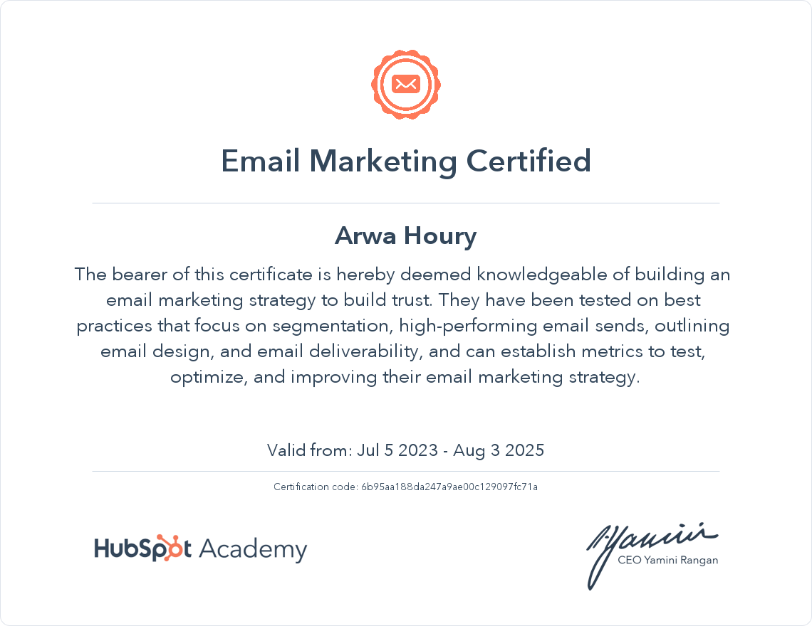 Email Marketing Certification Arwa Houry