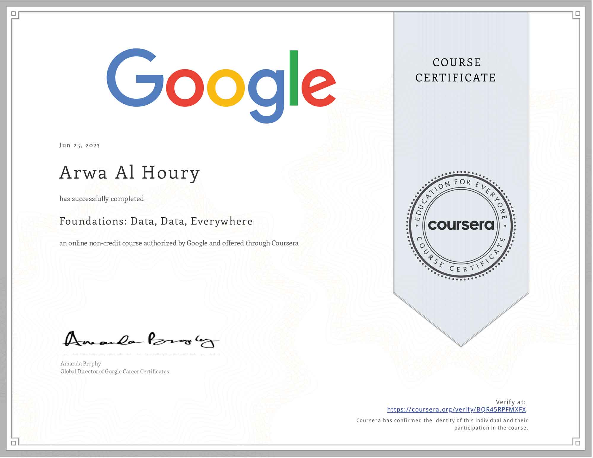 Coursera Google Date Arwa Houry